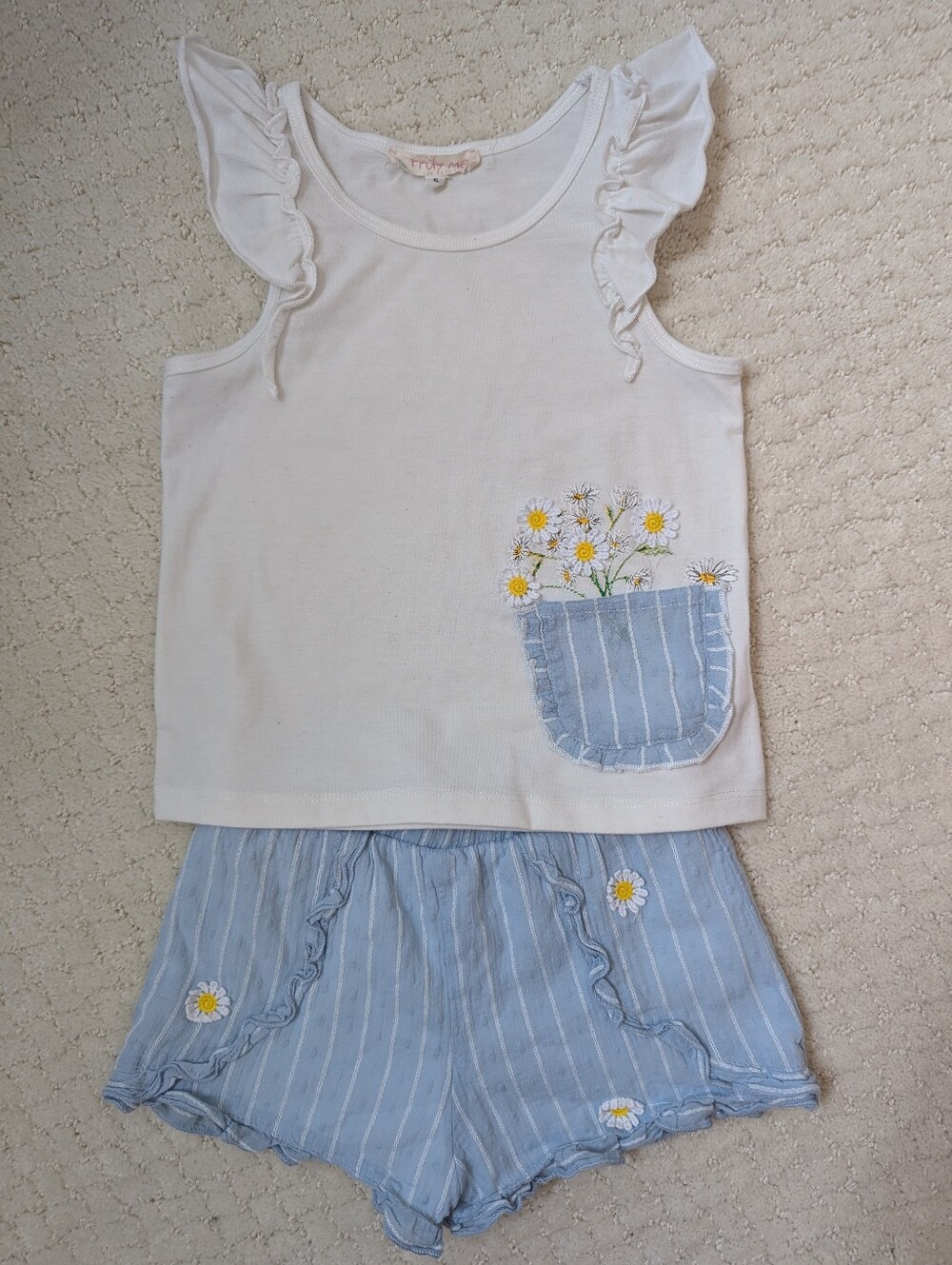 Girls Truly Me White Tank & Blue Striped Daisy Shorts Set